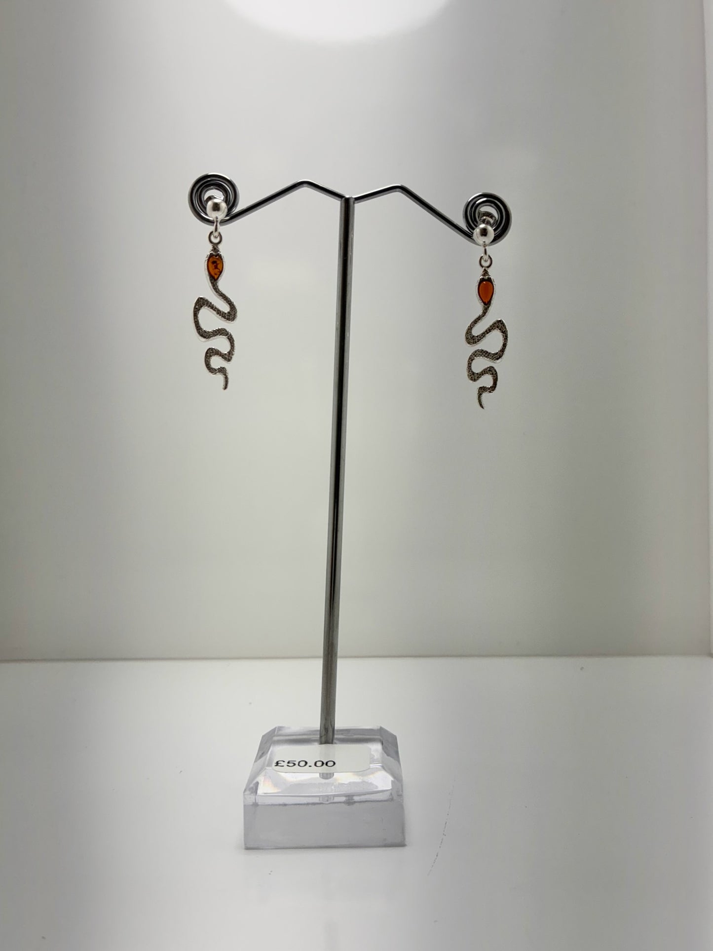 Sterling Silver Snake Amber Earrings