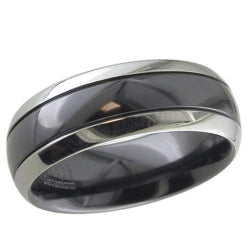 Twin colour, dome Zirconium ring. Natural edges with a black centre.
