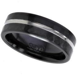 Flat profile black Zirconium hammered ring with central groove.