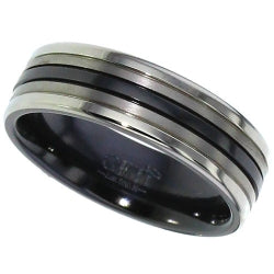 Flat profile Black Zirconium ring with natural edges and central black stripe. Twin finish - polished edges/satin centre.