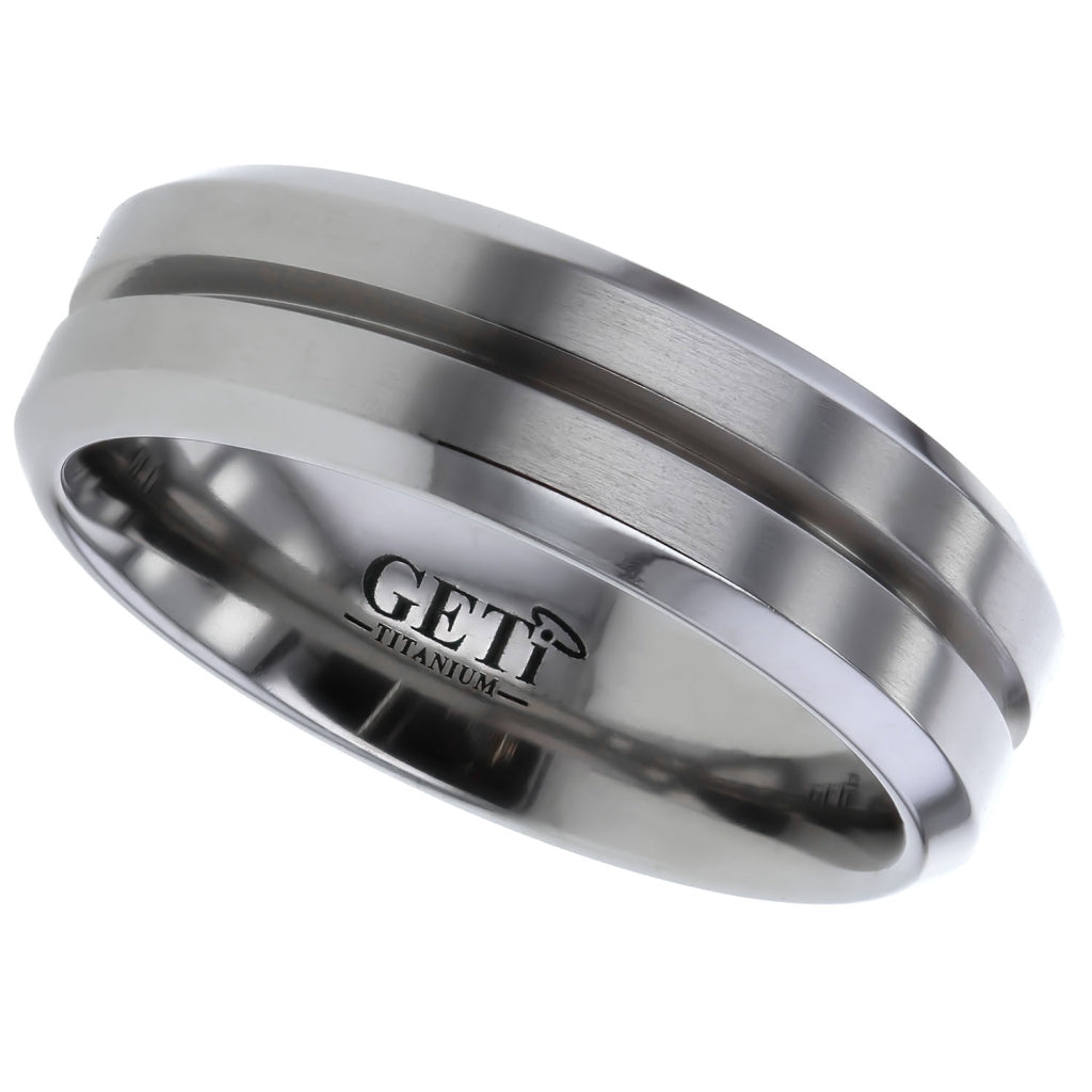 Flat profile Titanium ring with chamfered edges and central 'V' groove.