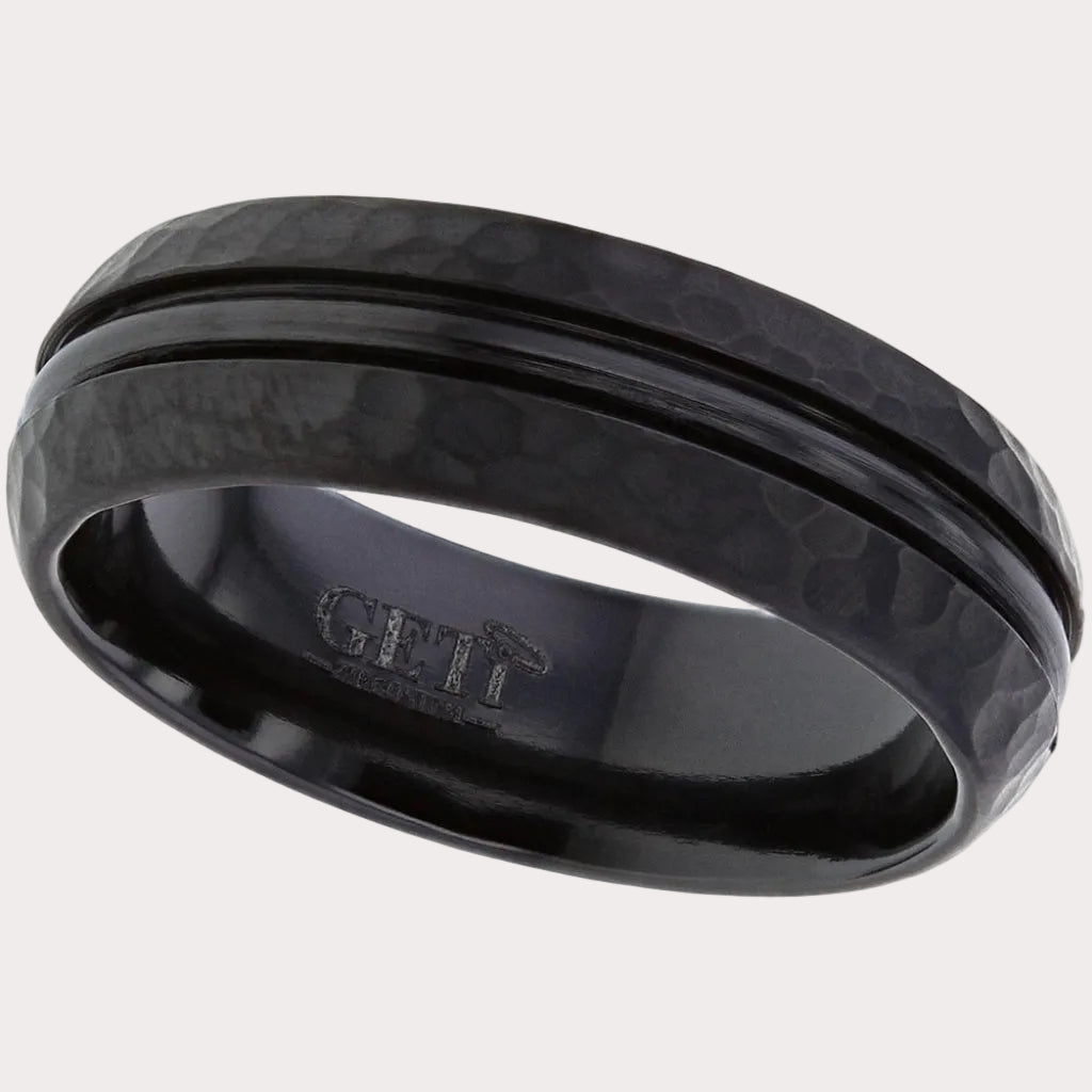 Court Profile, Black Zirconium Ring with Central Half Round Rail and Hammered Finish