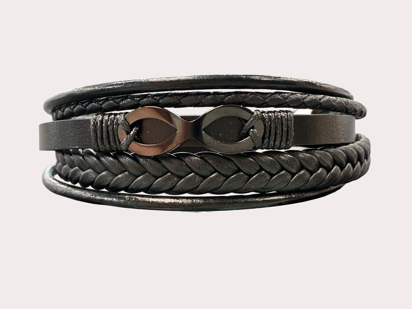 Stainless Steel Leather Black Infinity Bracelet