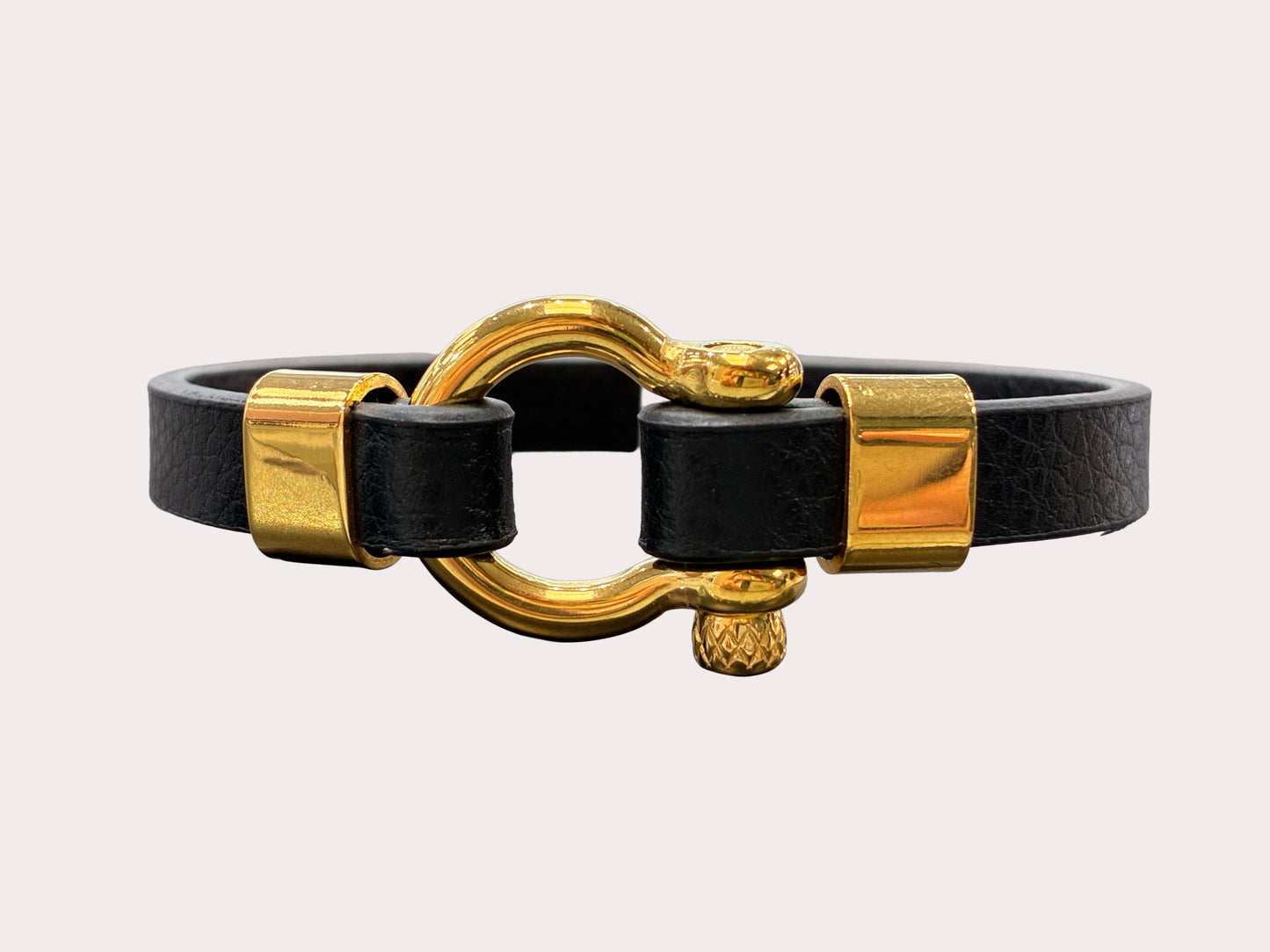 Black Leather and Gold Plated Stainless Steel Buckle Bracelet