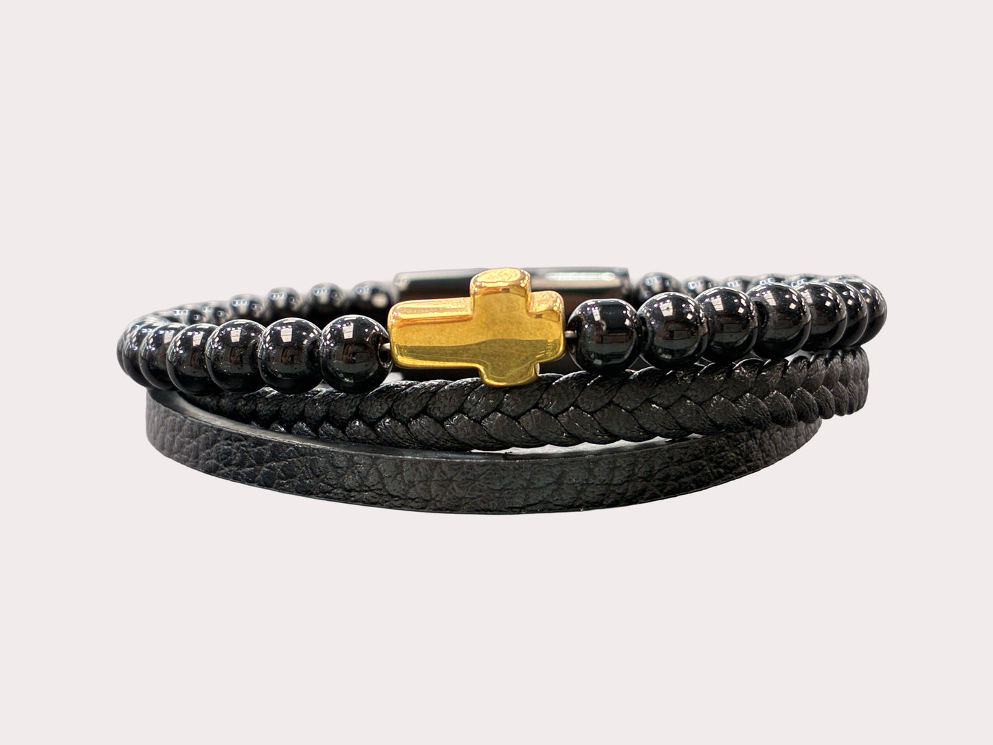 Stainless Steel Black Leather Cross Bracelet