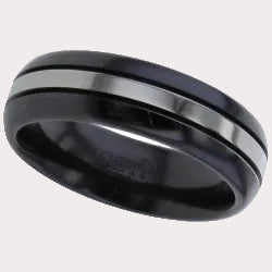 Dome Profile, Black Zirconium Ring with black edges and a natural centre stripe.