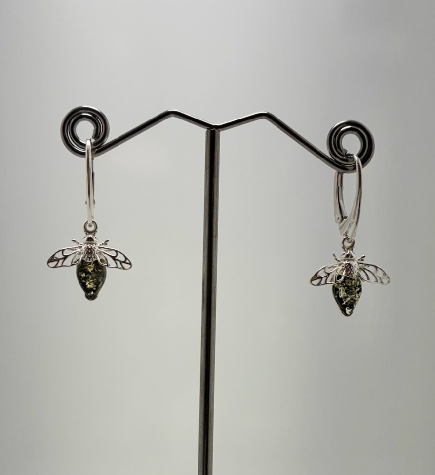 Sterling Silver Large Bee Amber Earrings