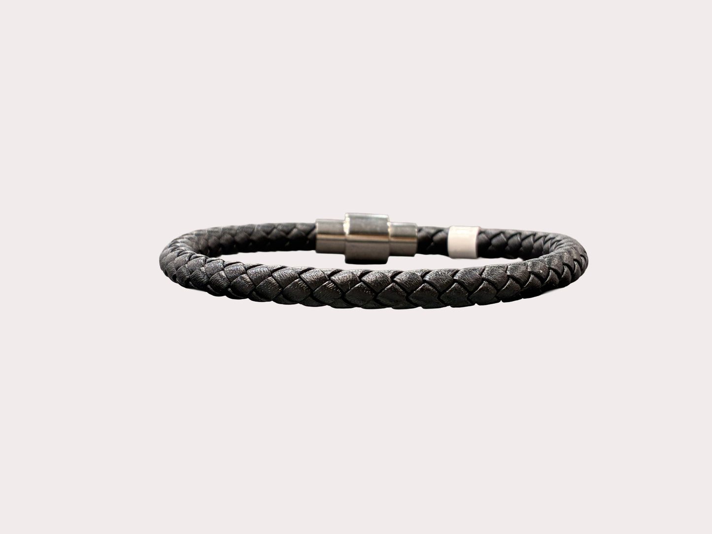 Stainless Steel Single Black Leather Bracelet