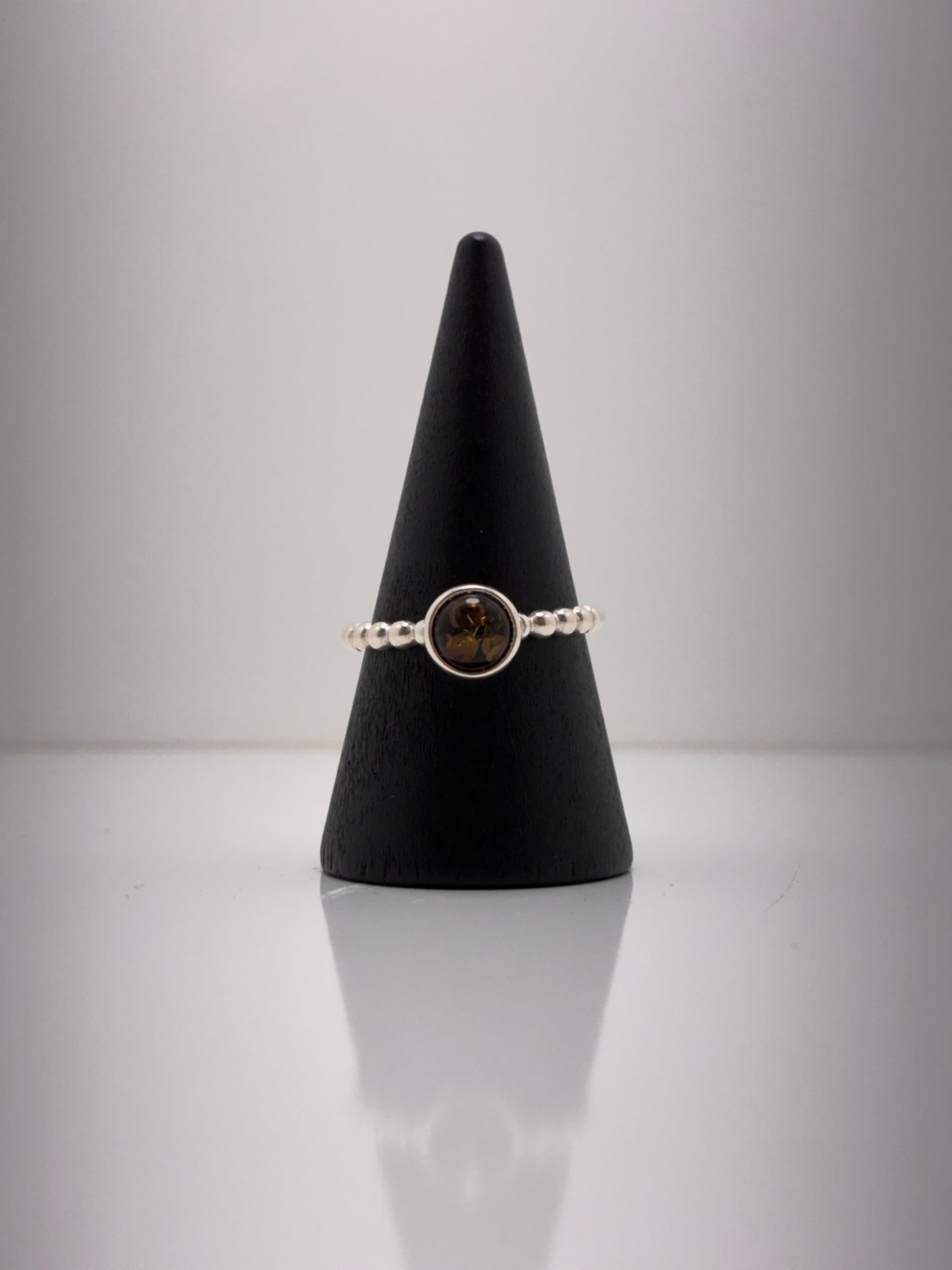 Sterling Silver Round Green Amber Bead Ring