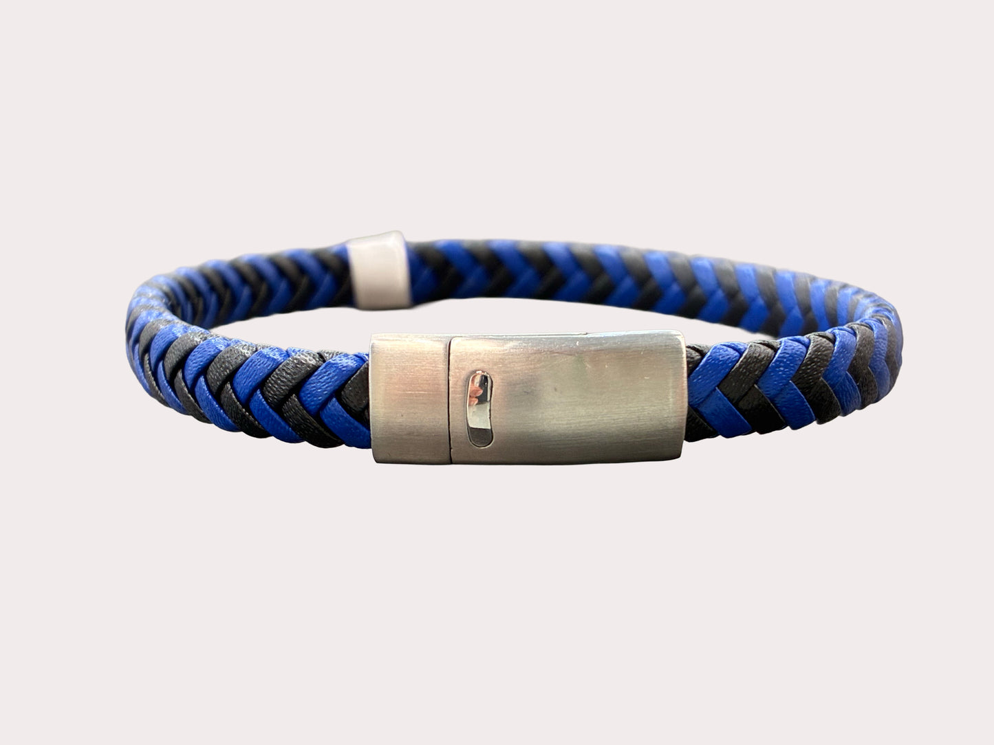Stainless Steel Black & Blue Plaited Leather Bracelet