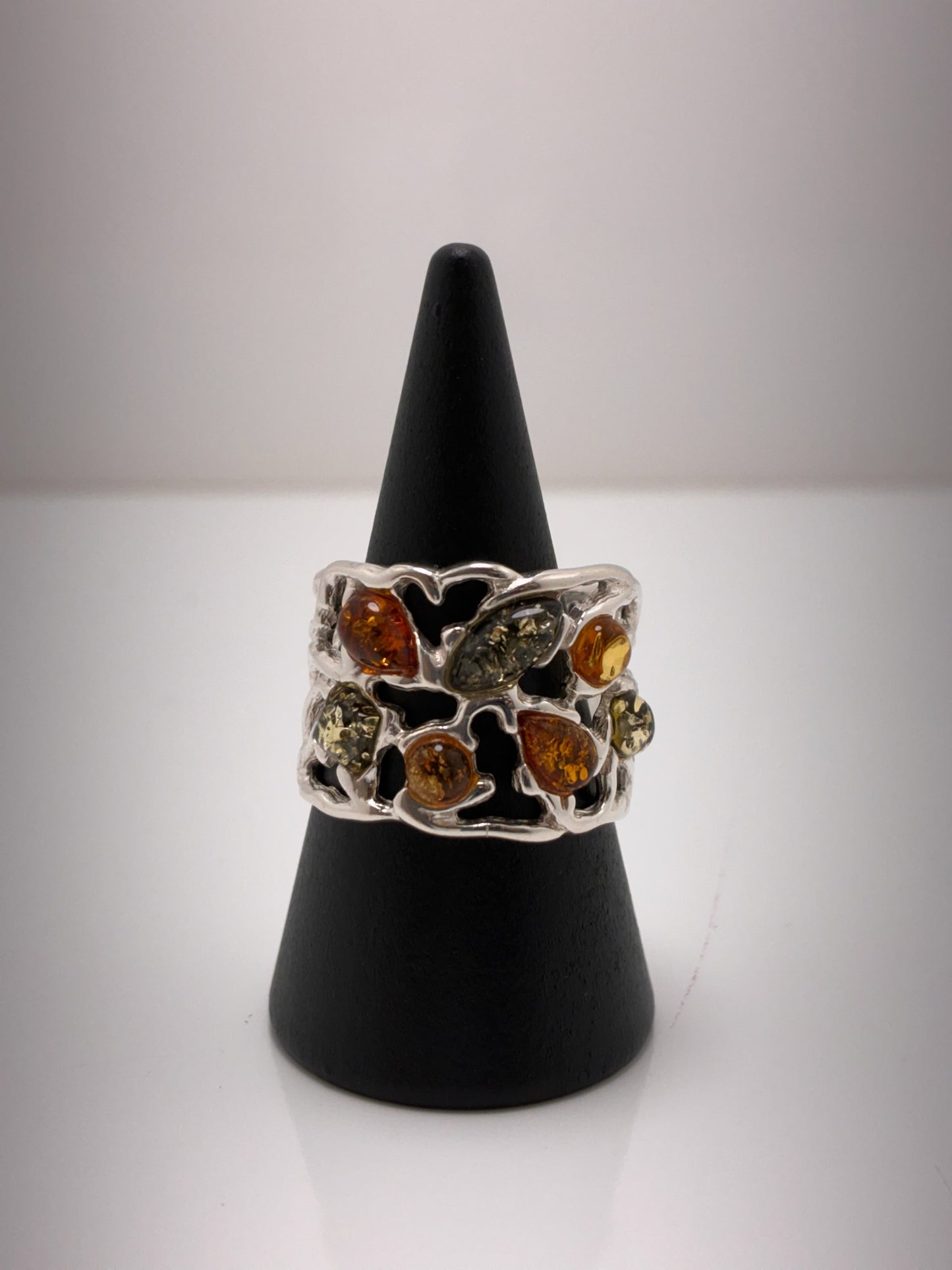 Sterling Silver Large Amber Ring