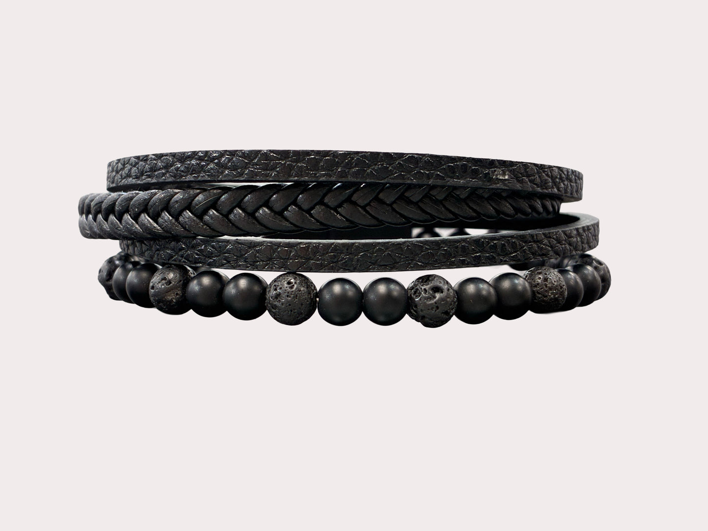 Stainless Steel Leather Black Beaded Bracelet