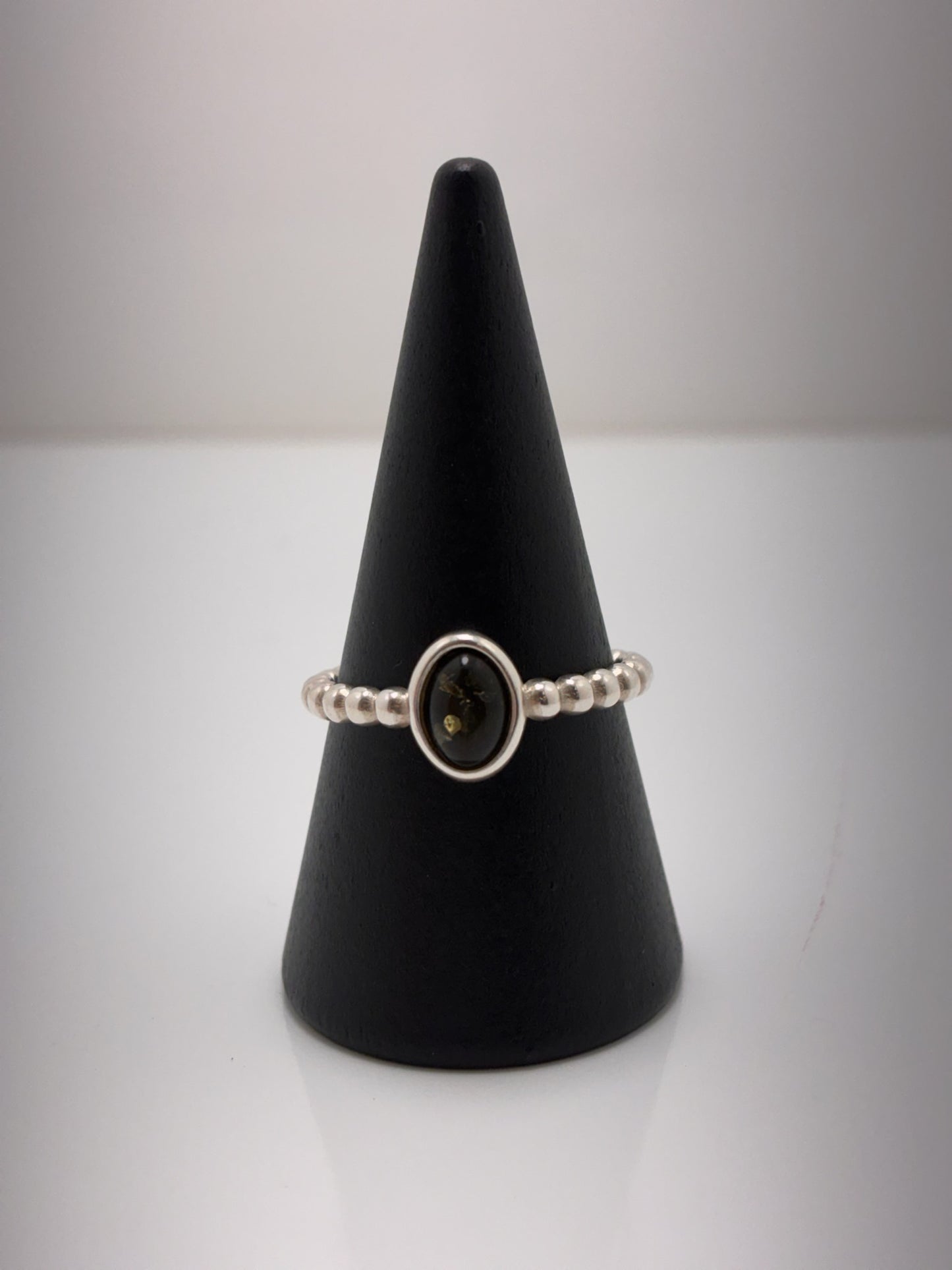 Sterling Silver Oval Green Amber Bead Ring
