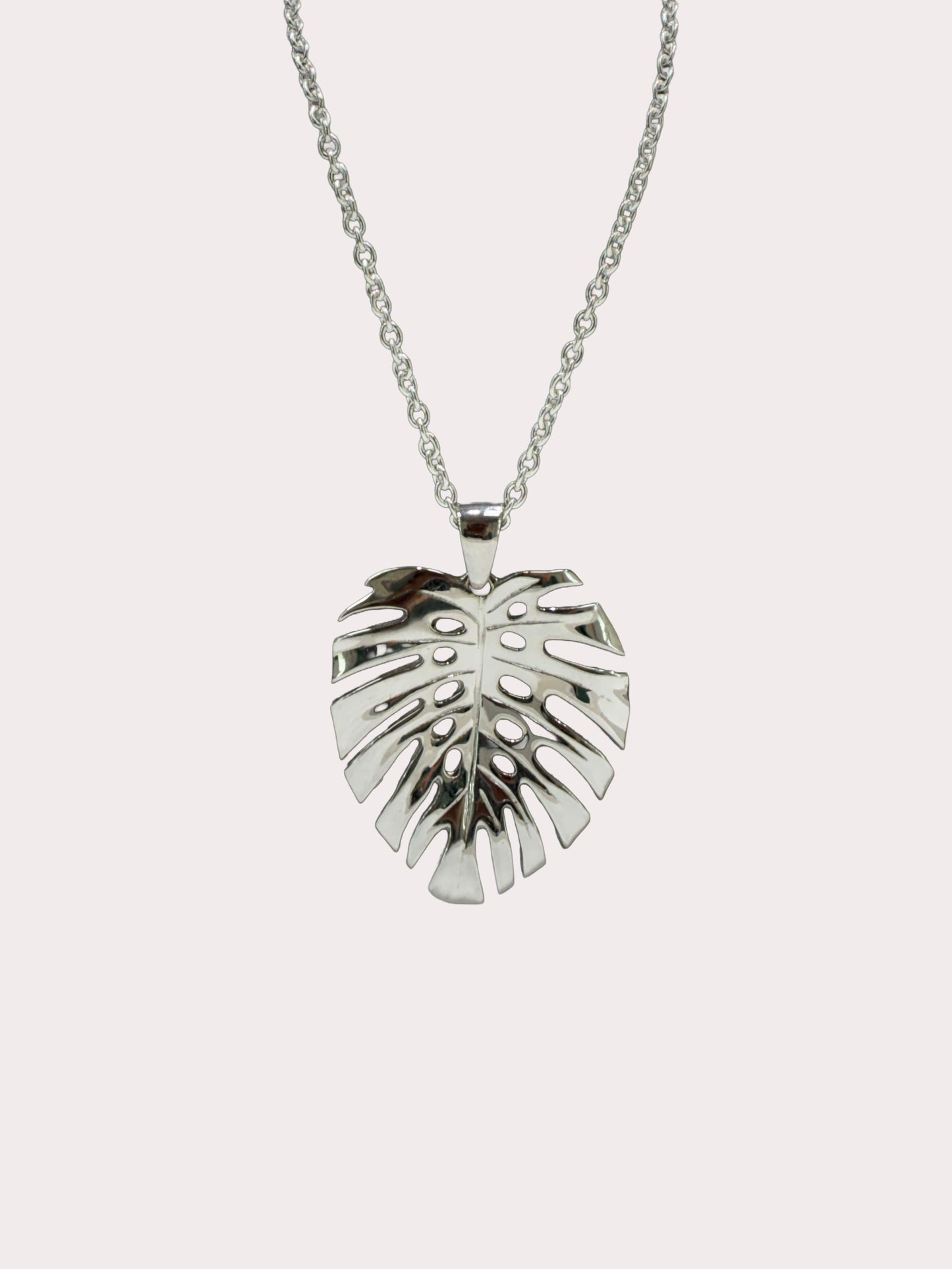 Silver leaf-shaped pendant on a chain against a white background