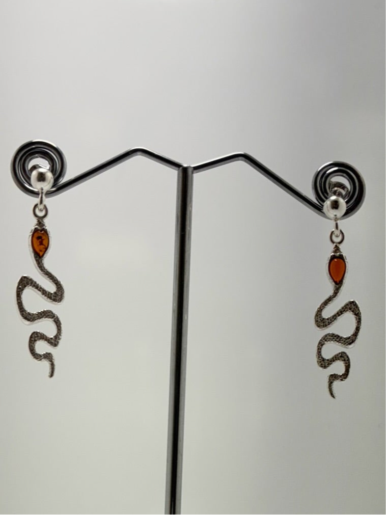 Sterling Silver Snake Amber Earrings