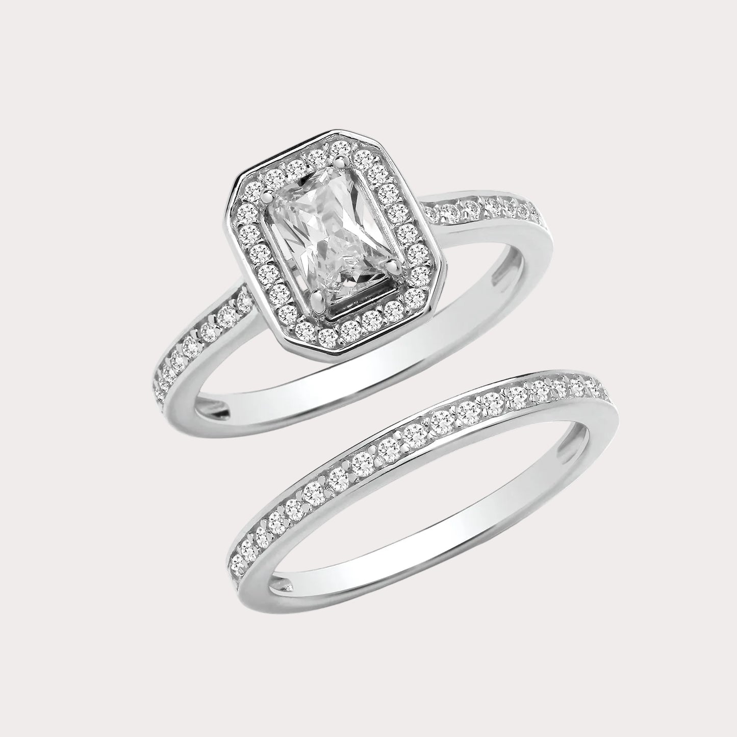 Sterling Silver Emerald Cut Halo Bridal Set