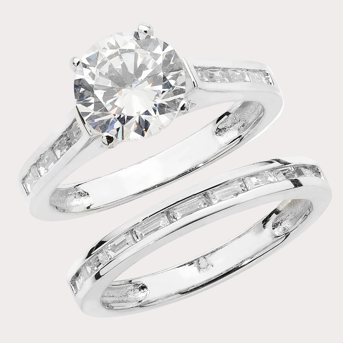 Sterling Silver Round Baguette Bridal Set