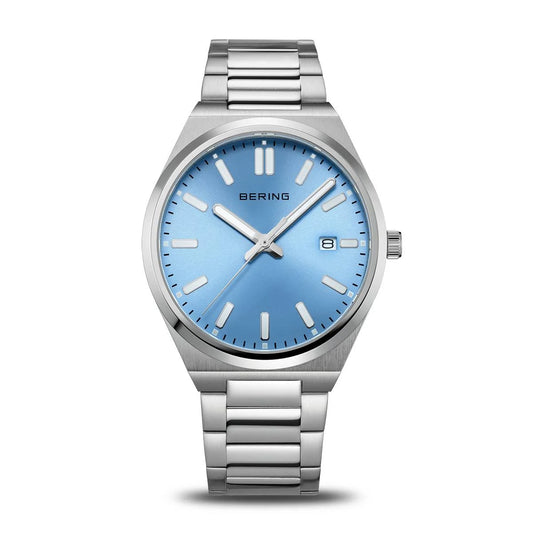 Bering Time Mens Silver and Blue Link Watch