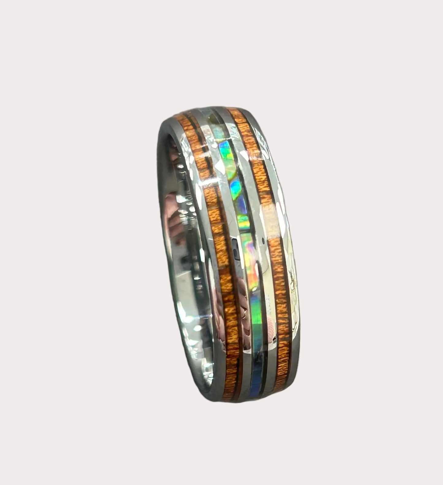 Tungsten Blue Shell Inlay & Wood Ring