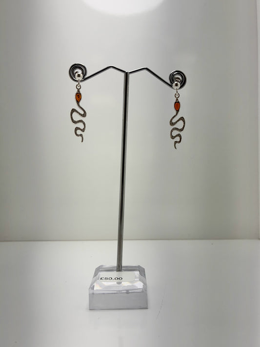 Sterling Silver Snake Amber Earrings