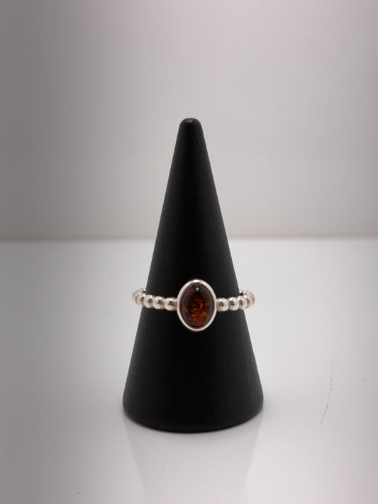 Sterling Silver Oval Amber Bead Ring