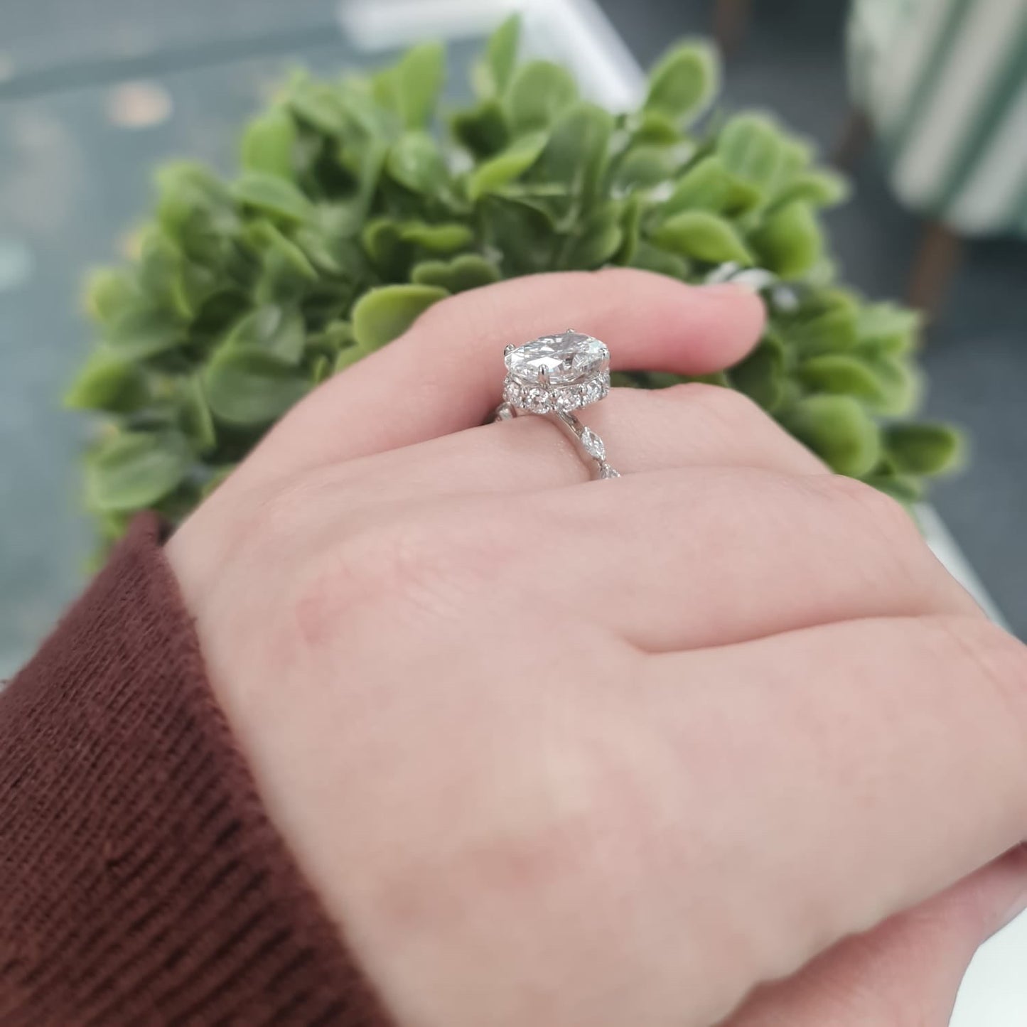 Platinum Lab Oval, Hidden Halo with Round & Marquise Shoulders 3.41ct Total