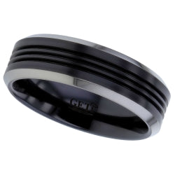 Flat chamfered profile Relieved Black Zirconium ring with three grooves - central black area with natural edges.