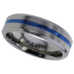 Flat Zirconium ring with central electro anodised blue groove.
