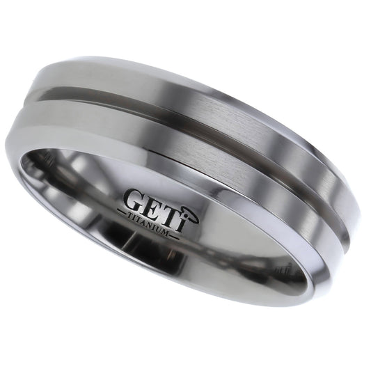 Flat profile Titanium ring with chamfered edges and central 'V' groove.