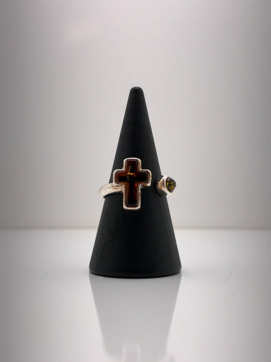 Sterling Silver Cross Amber Ring