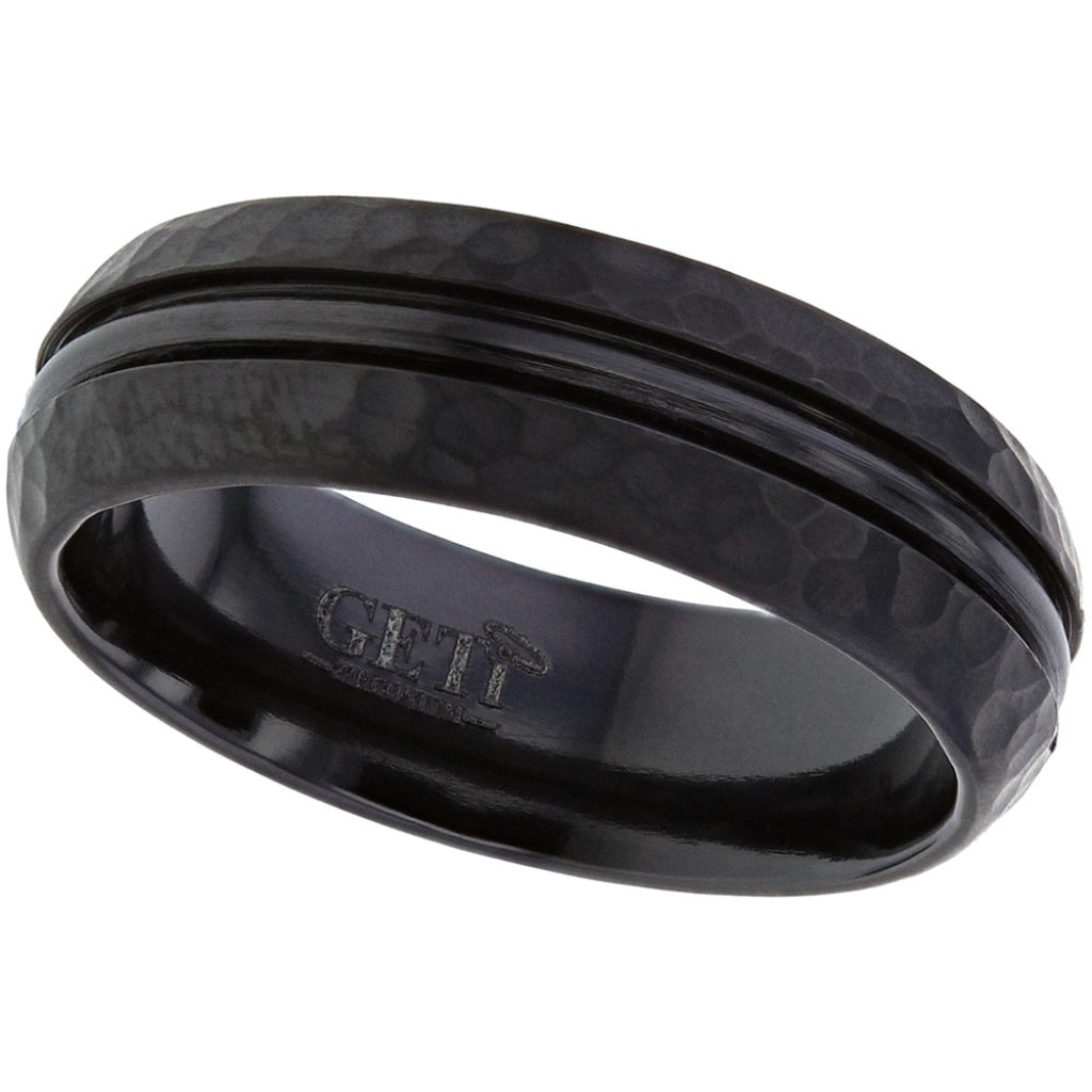 Court Profile, Black Zirconium Ring with Central Half Round Rail and Hammered Finish