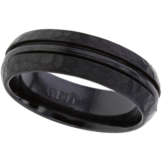 Court Profile, Black Zirconium Ring with Central Half Round Rail and Hammered Finish