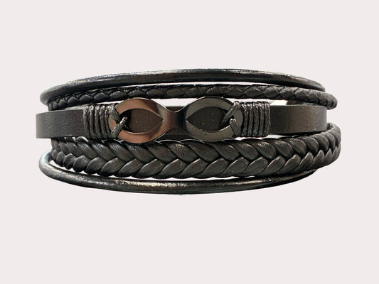 Stainless Steel Leather Black Infinity Bracelet