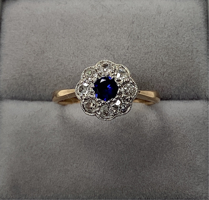 Pre-Owned 18ct Gold Sapphire and Diamond Flower Cluster Ring