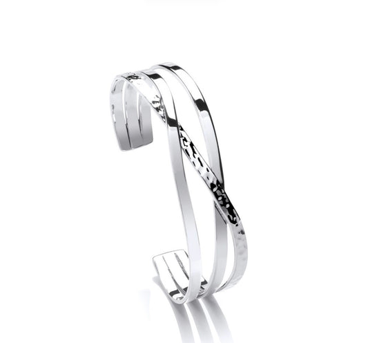 Sterling Silver Beaten Band Crossover Bangle