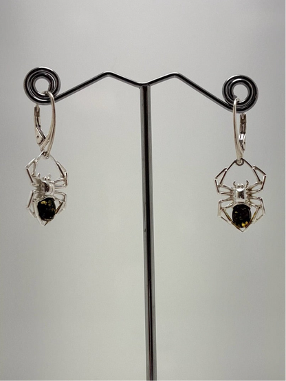 Sterling Silver Amber Spider Drop Earrings