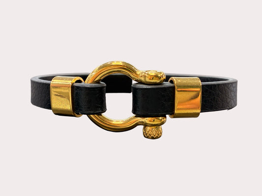 Black Leather and Gold Plated Stainless Steel Buckle Bracelet