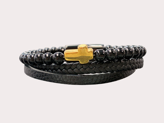 Stainless Steel Black Leather Cross Bracelet