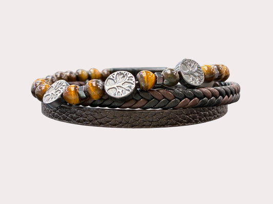 Brown Leather 3 Strand, Tree of Life Bracelet