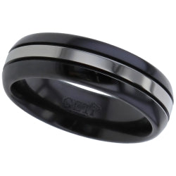 Dome Profile, Black Zirconium Ring with black edges and a natural centre stripe.