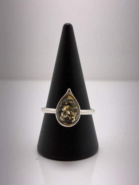 Sterling Silver Large Teardrop Amber Ring
