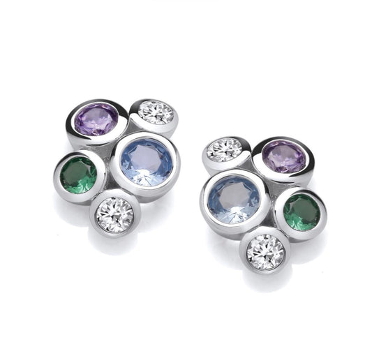 Sterling Silver CZ Rainbow Dance Bubble Cluster Earrings