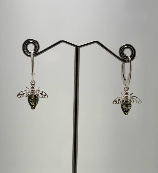 Sterling Silver Large Bee Amber Earrings