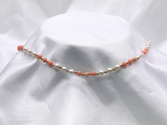 18'' Pearl And Coral Necklace With 9ct Gold Beads