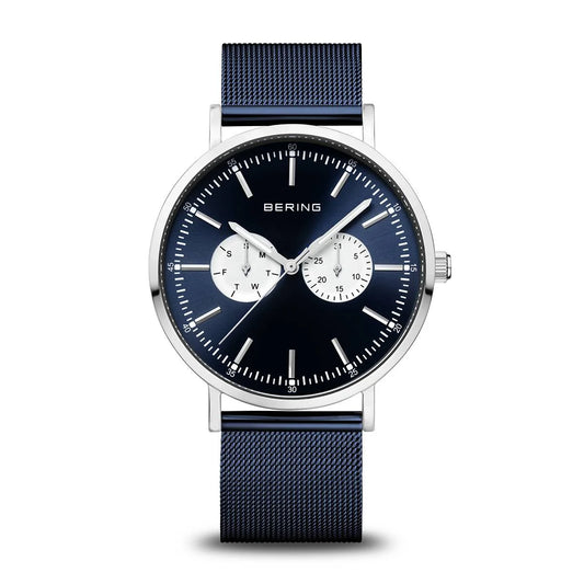 Bering Time Mens Silver and Blue Mesh Watch
