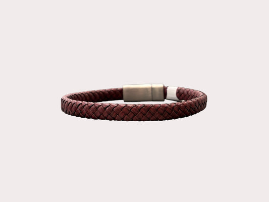 Stainless Steel Red Brown Plaited Leather Bracelet