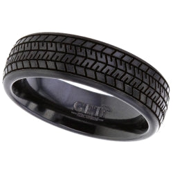 Dome profile Black Zirconium ring with laser engraved continuous tyre tread pattern detail.
