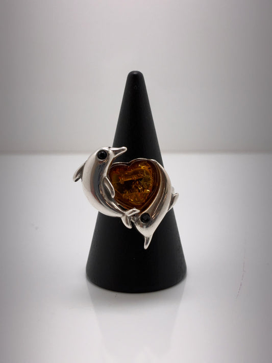 Sterling Silver Dolphin Amber Ring