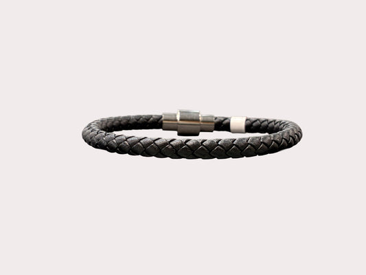 Stainless Steel Single Black Leather Bracelet