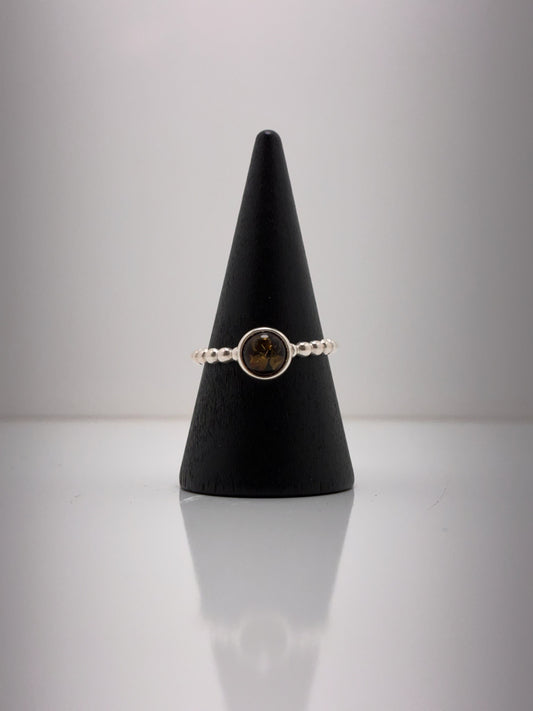 Sterling Silver Round Green Amber Bead Ring